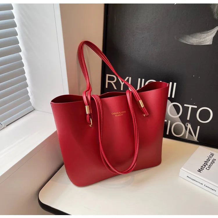 PU Leather large Tote Handbag Red 37cmX25cmX12cm