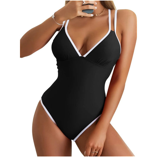 One Piece two colors Swimsuit Black white edge
