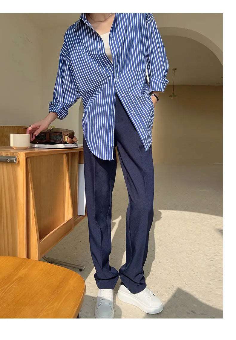 Blue Striped Chiffon Blouse Shirt for Women