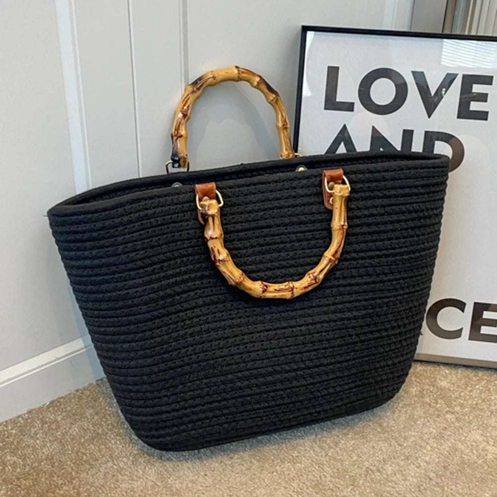 Woven tote Summer Beach Bag with Bamboo style Handle