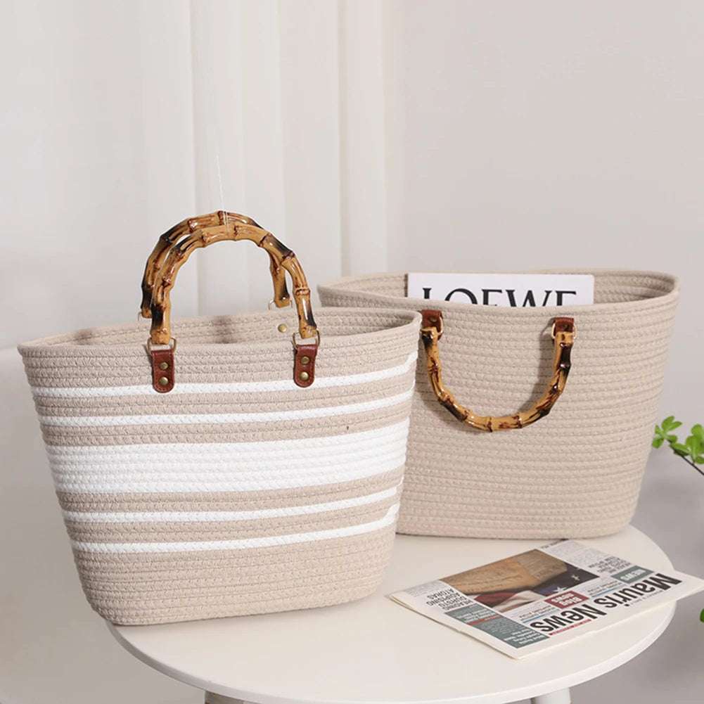 Woven tote Summer Beach Bag with Bamboo style Handle