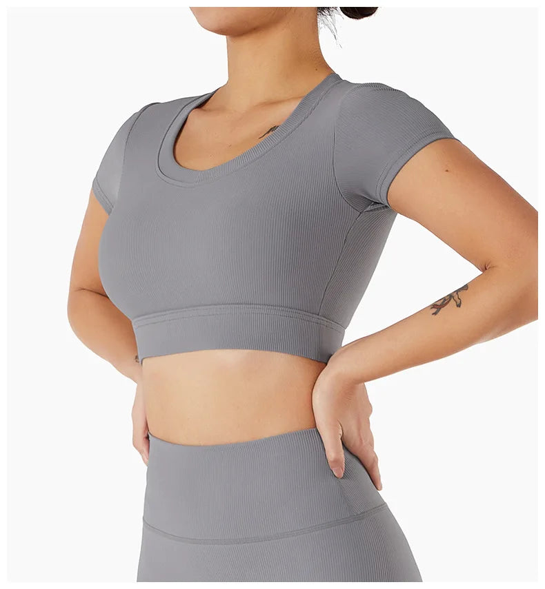 Short Sleeve round neck crop bralette High Waist Leggings Gym Fitness Set
