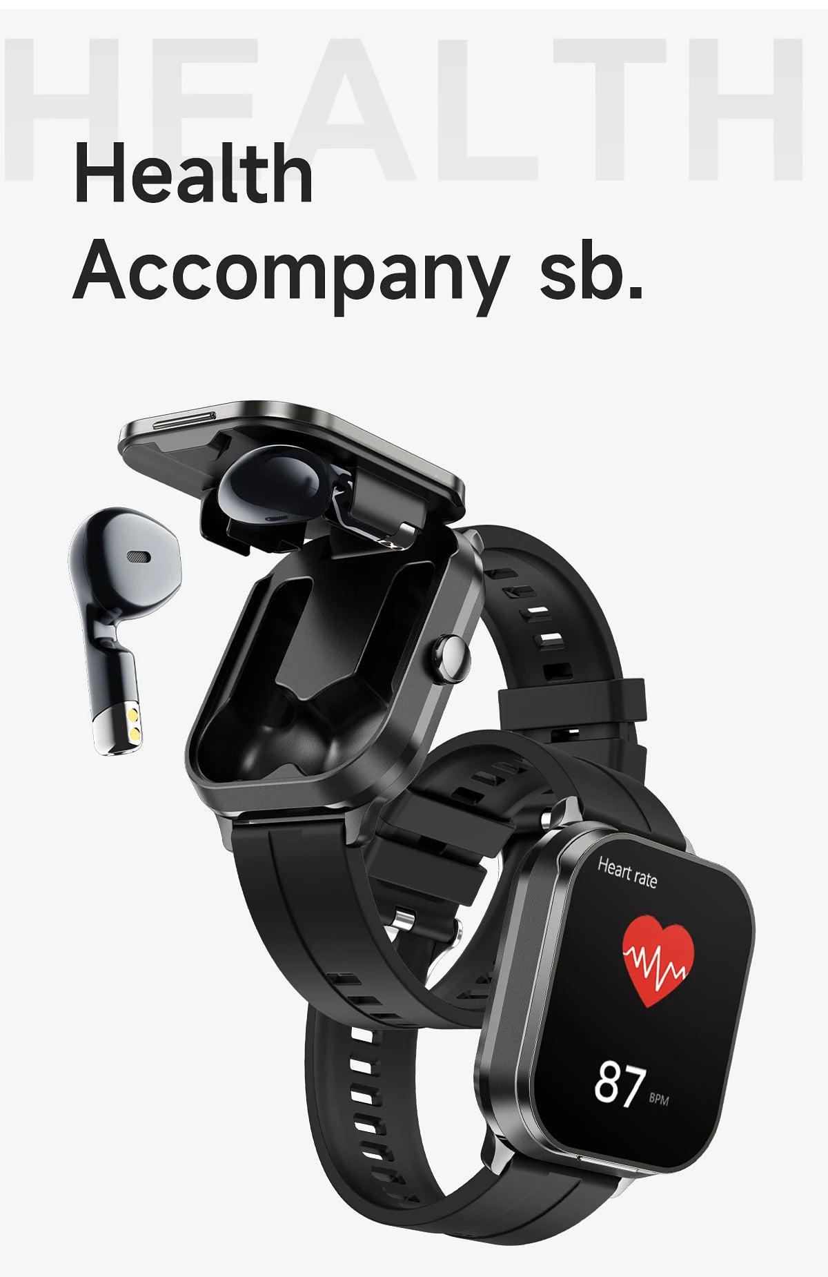 2.01 inch TWS 2-in-1 Earphones Bluetooth Call NFC Heart Rate Blood Pressure Health Monitor Music Smartwatch