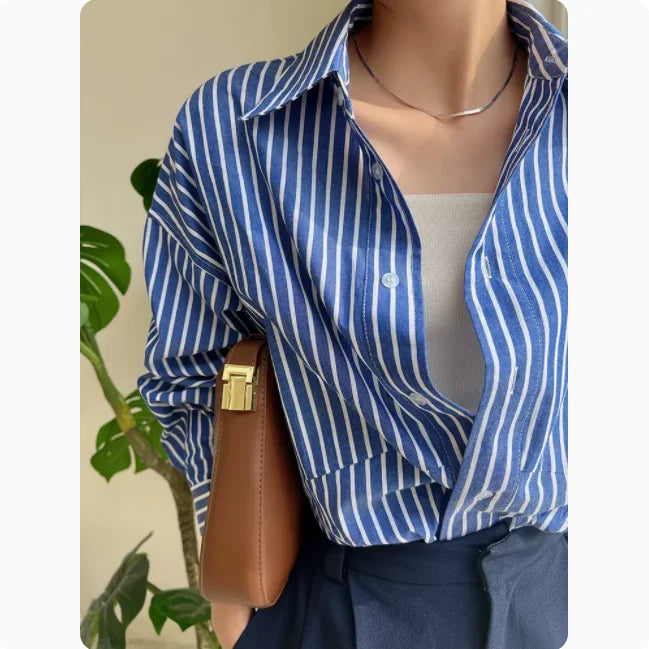Blue Striped Chiffon Blouse Shirt for Women Blue
