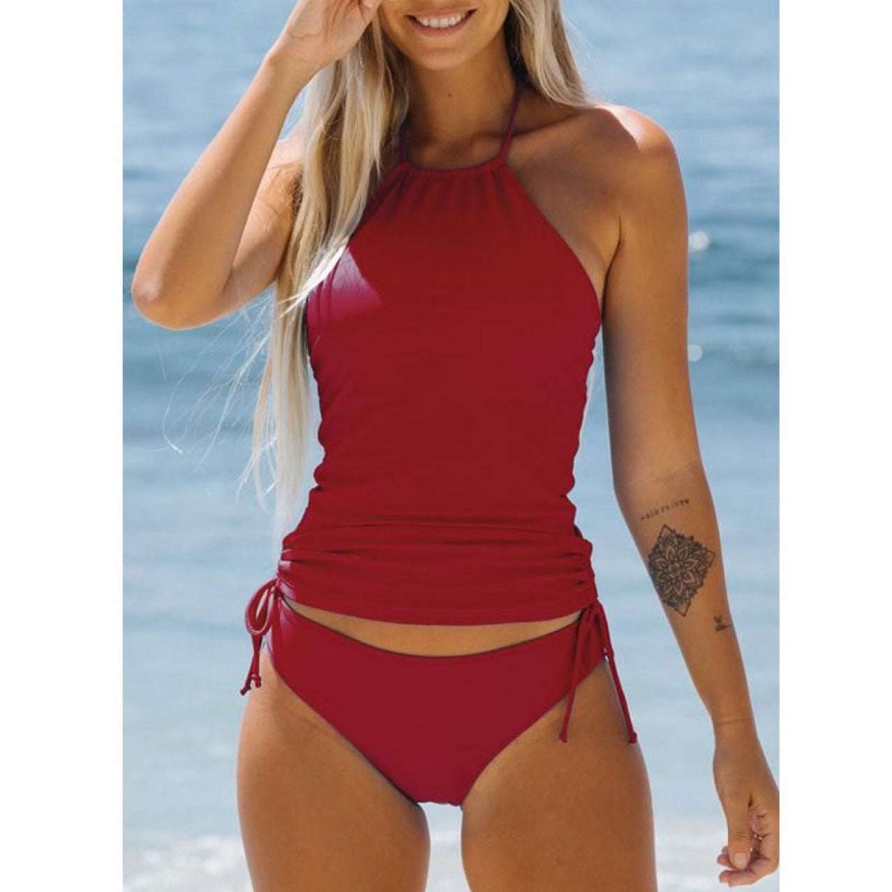 High Neck Two Piece Drawstring Sporty Bathing Suit