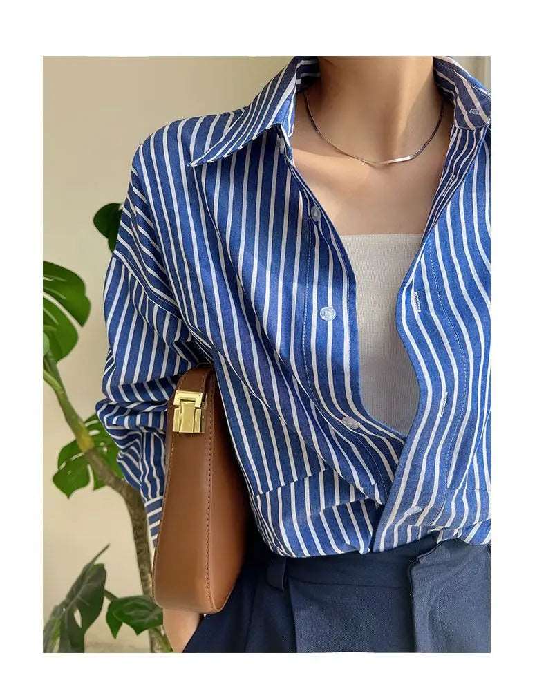 Blue Striped Chiffon Blouse Shirt for Women