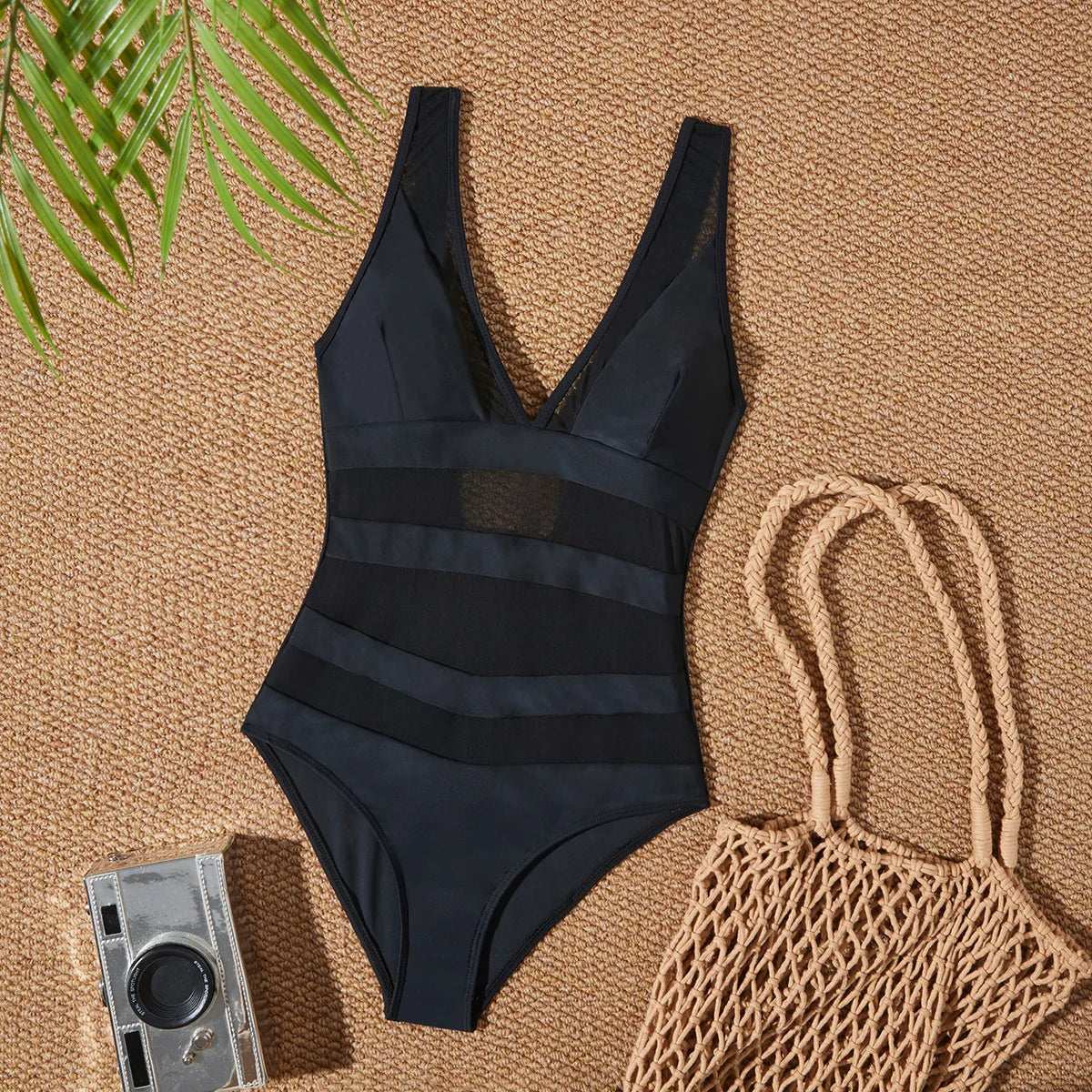 Low Back mesh One Piece Swimsuit black