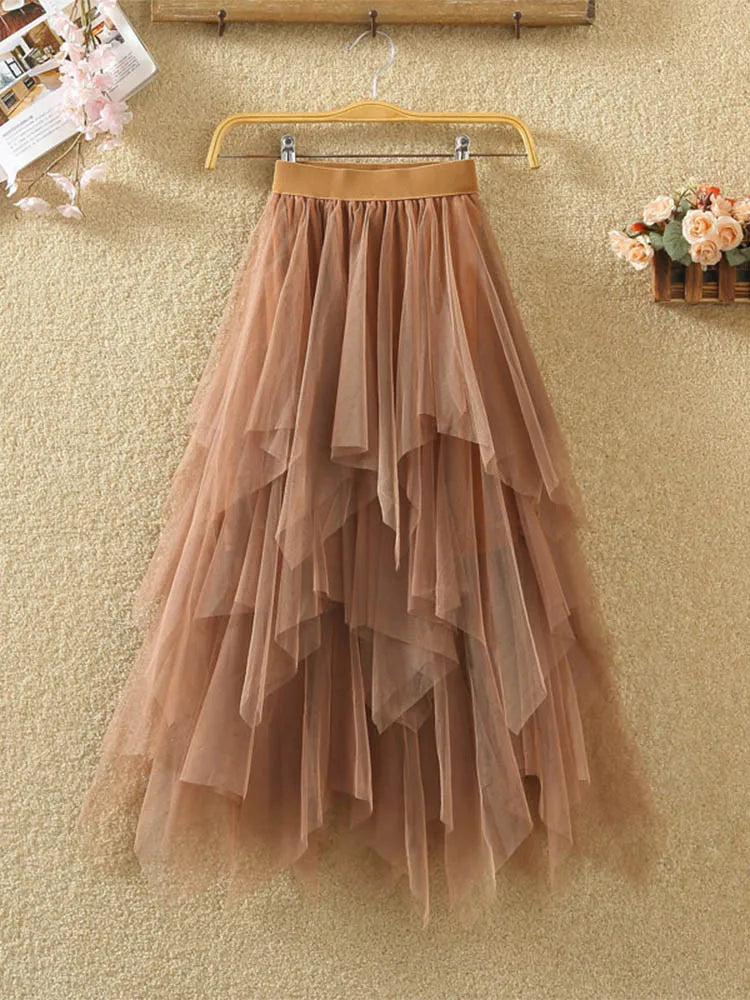 Irregular Elastic High Waist Mesh Tulle Skirt Khaki One Size
