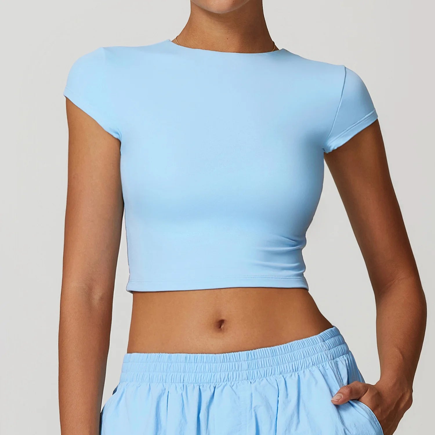 Short Sleeve Gym Workout Gym crop Tops sky blue