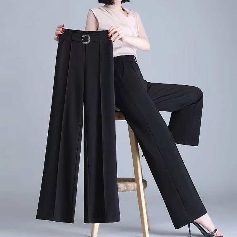Summer High Waist Pockets All Match Wide Leg Pants Black