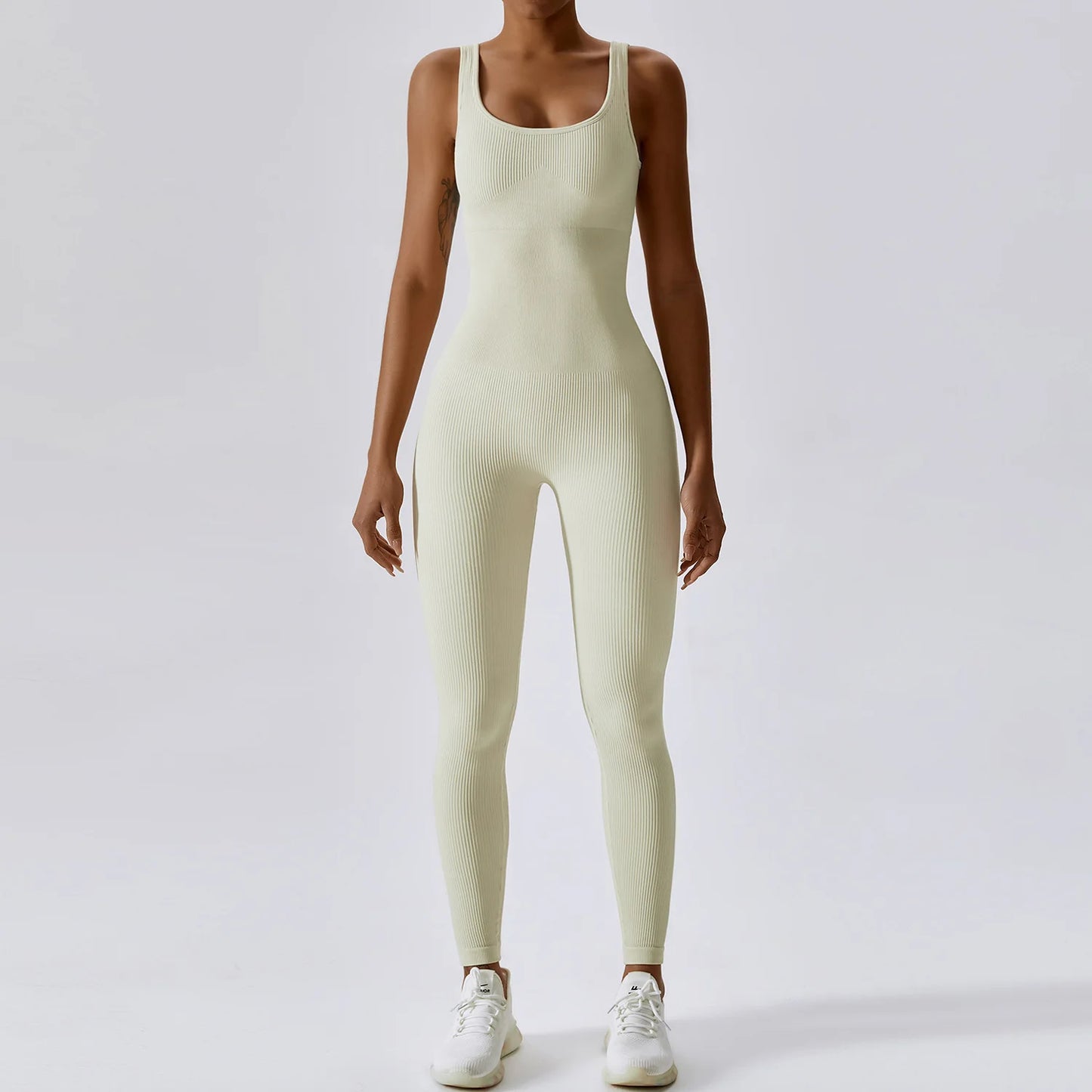 Seamless One Piece Ribbed Workout yoga bodysuit Oat milk