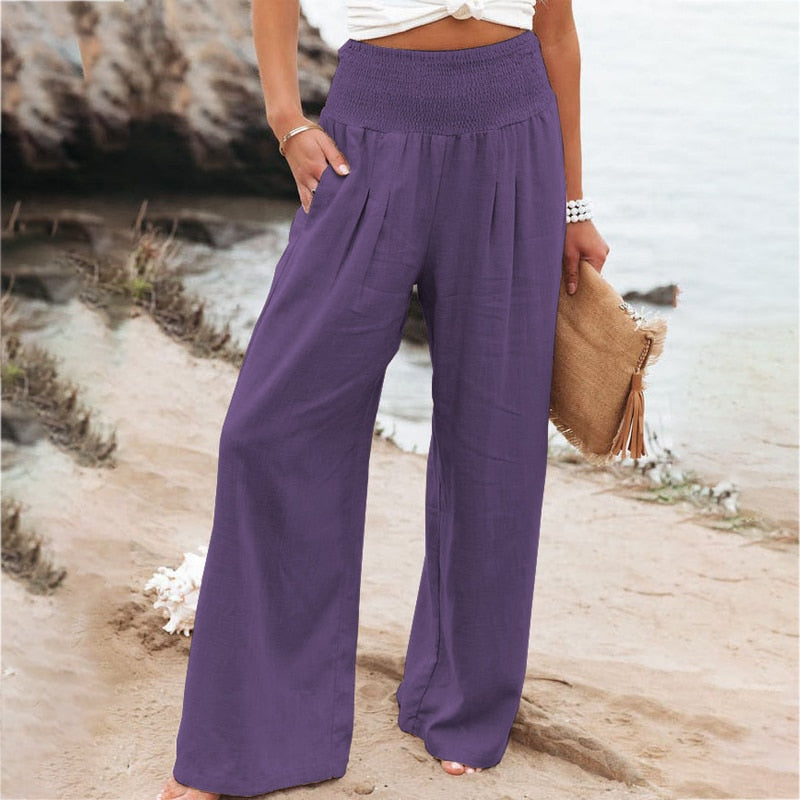 Women Cotton Linen Loose Wide Leg Pants Purple