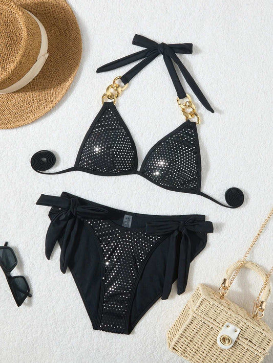 Black Glitter Halter neck classic Bikini Set black
