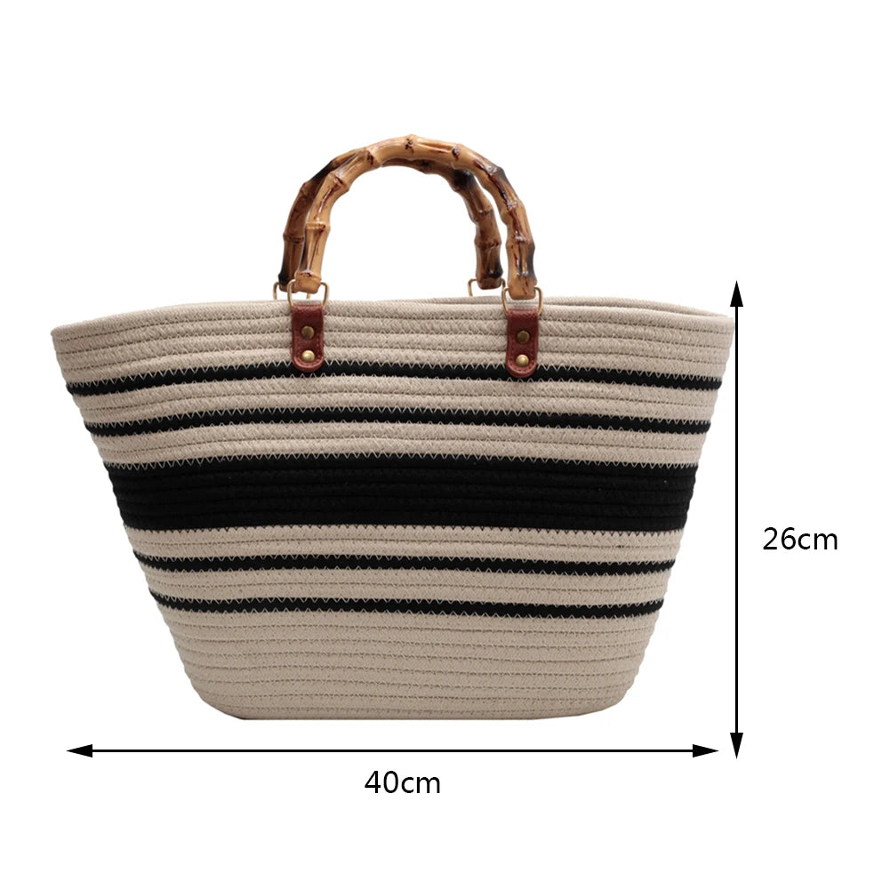 Woven tote Summer Beach Bag with Bamboo style Handle Style 1