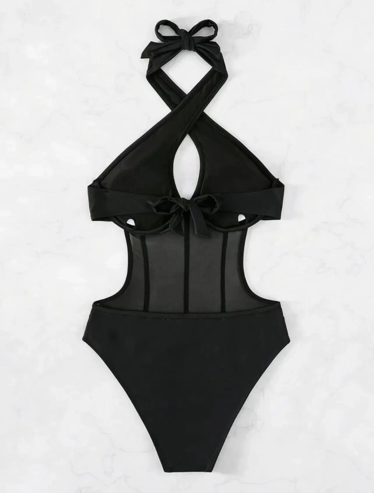 Halter neck Criss Corss mesh one piece swimsuit