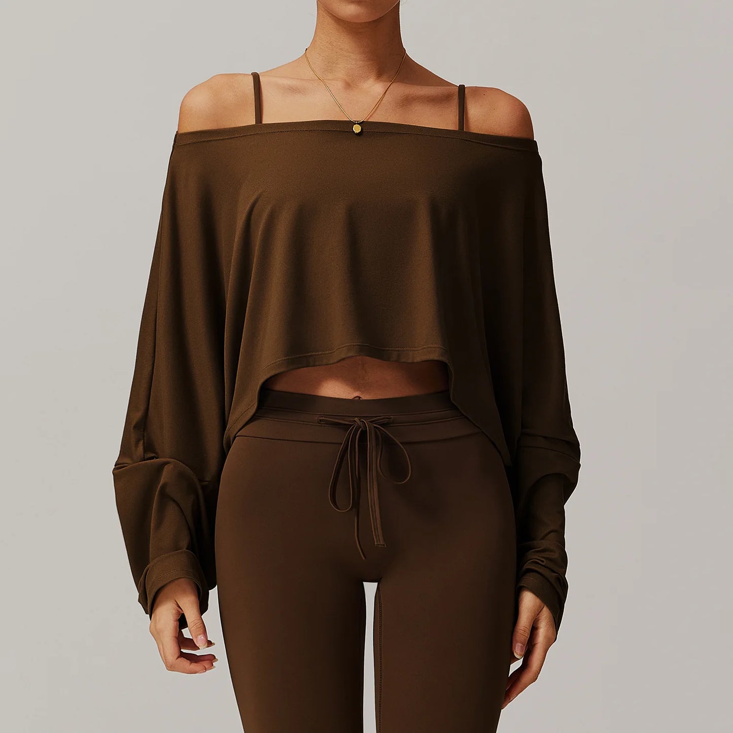 Long Sleeve off Shoulder Bat Sleeve Gym Yoga top Huacha Brown