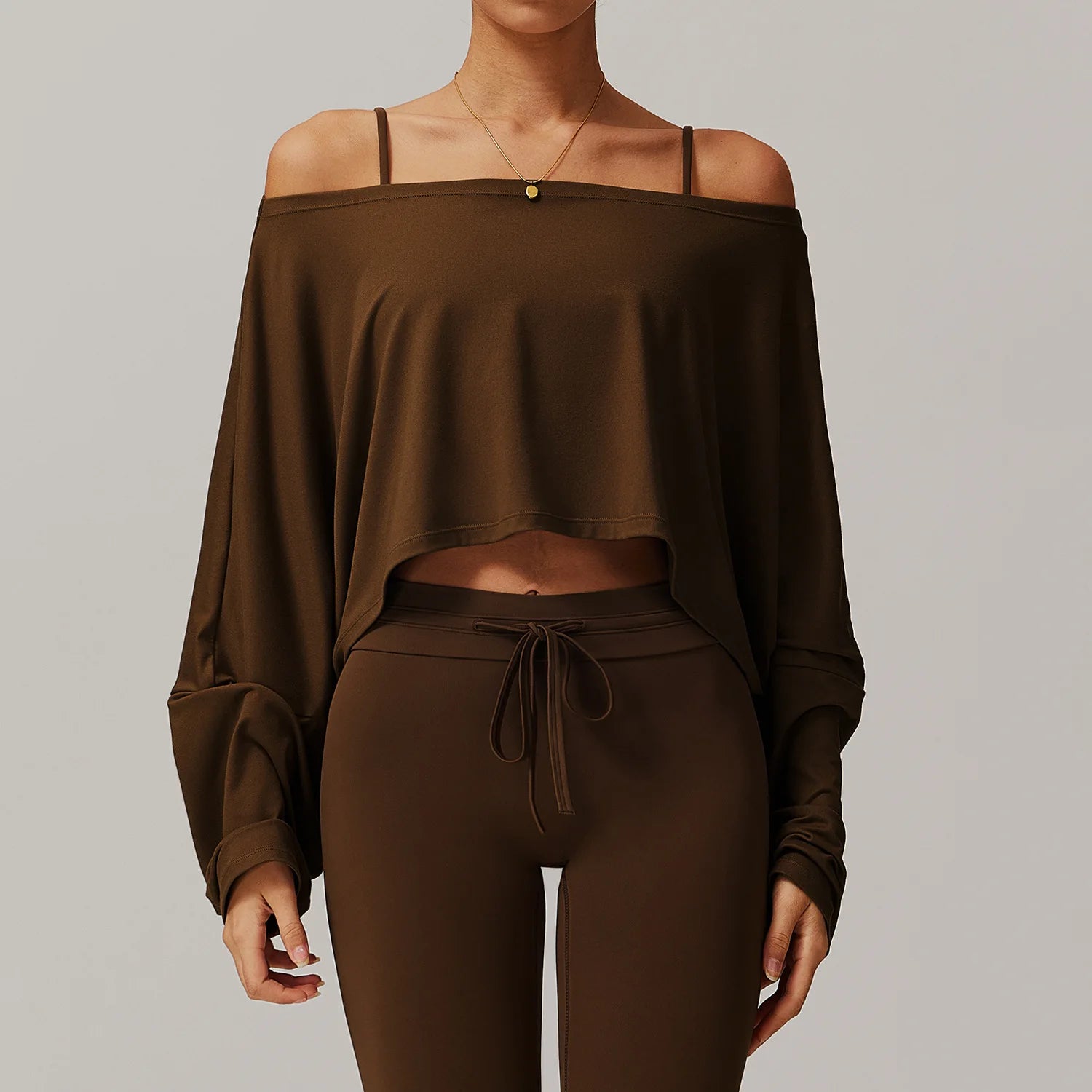 Long Sleeve off Shoulder Bat Sleeve Gym Yoga top Huacha Brown