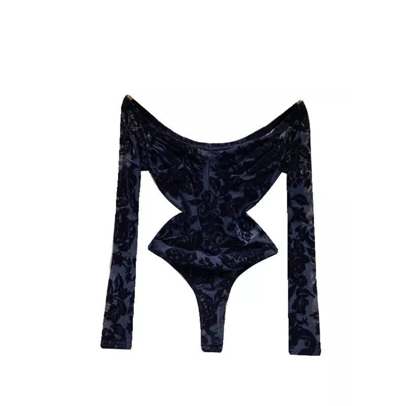 Sexy Lace Print Flock off Shoulder Long Sleeve body suit lingerie