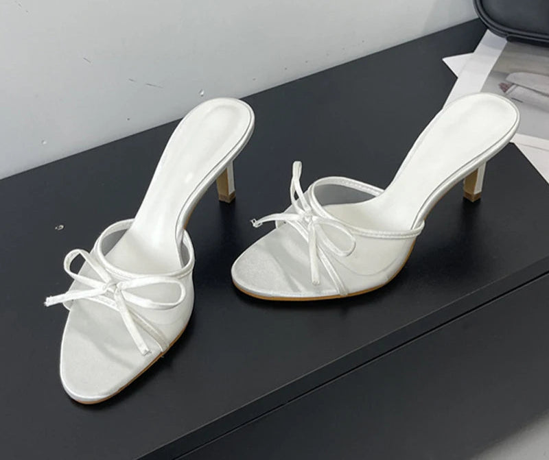 Butterfly Knot Mesh Open Toe Thin High Heel Sandals White