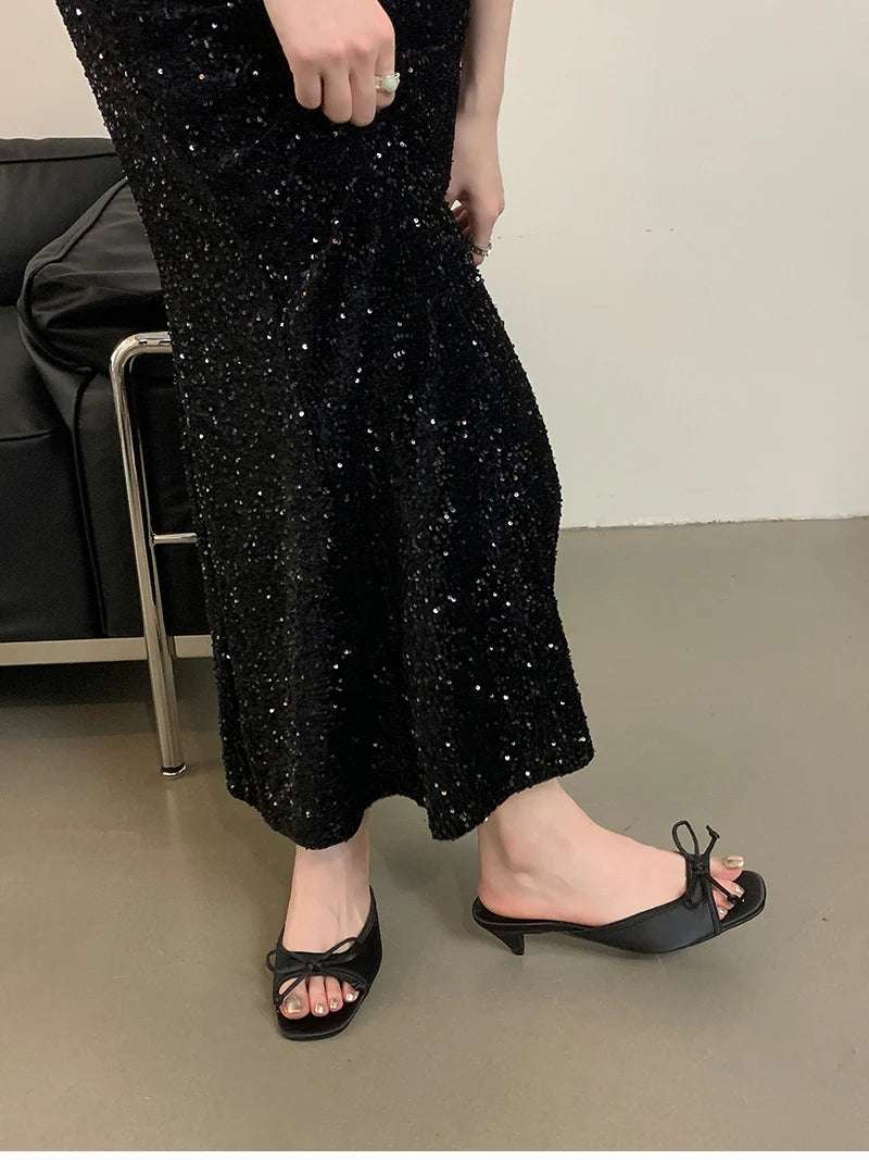 Butterfly-knot kitten heel Open Toe Mules Sandals