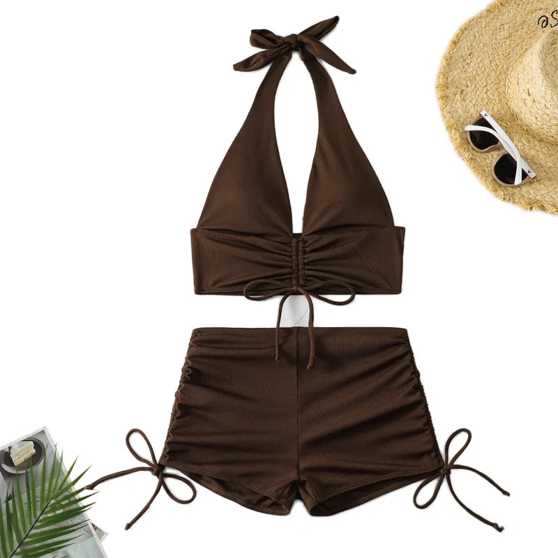 High Waist Bikini Short and halter neck swimsuit set Coffee