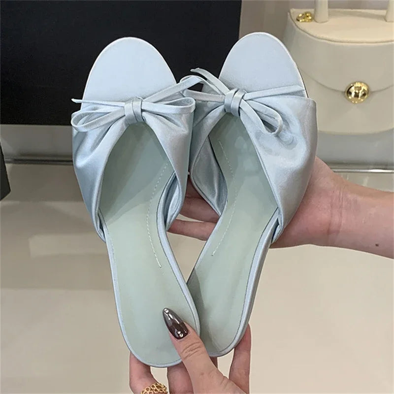 Butterfly-kont Pleated Thin Low Heels Satin kitten heel sandals