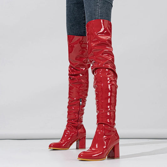 Women Red Pleated PU Over The Knee boots