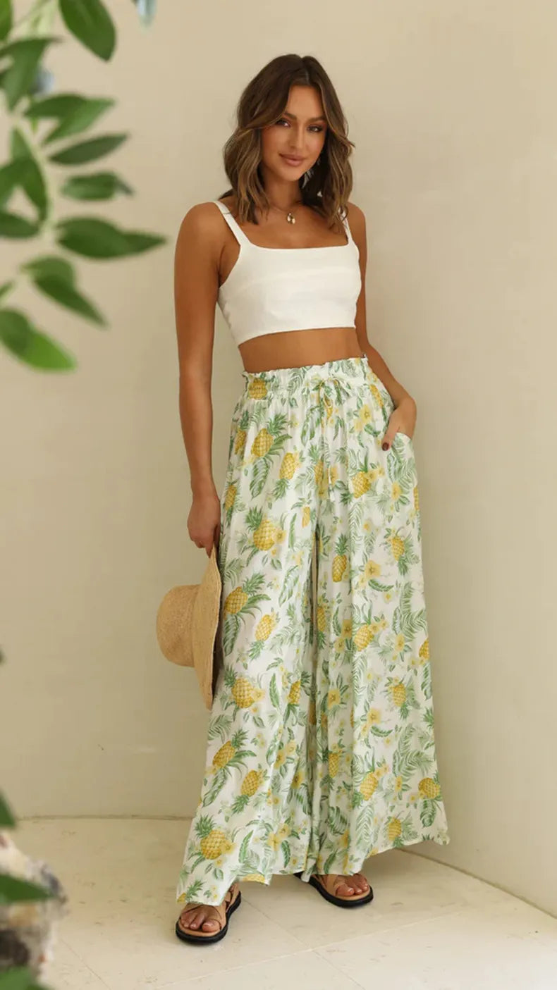 Spring Summer Wide Leg Trousers pineapple print
