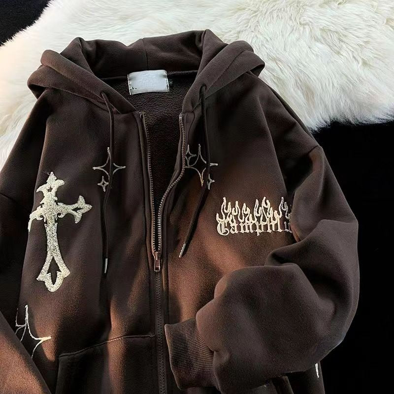 Women Vintage Zip Up Hoodies EA02223-COFFEE