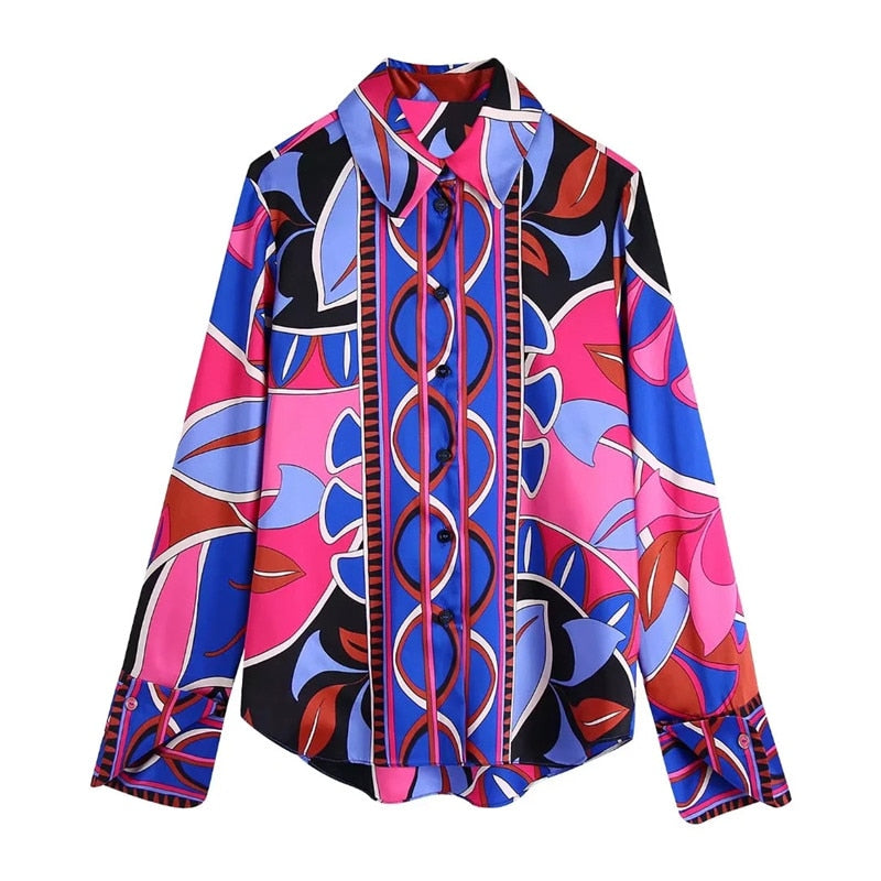 Women Vintage Long Sleeve Top Print Shirt