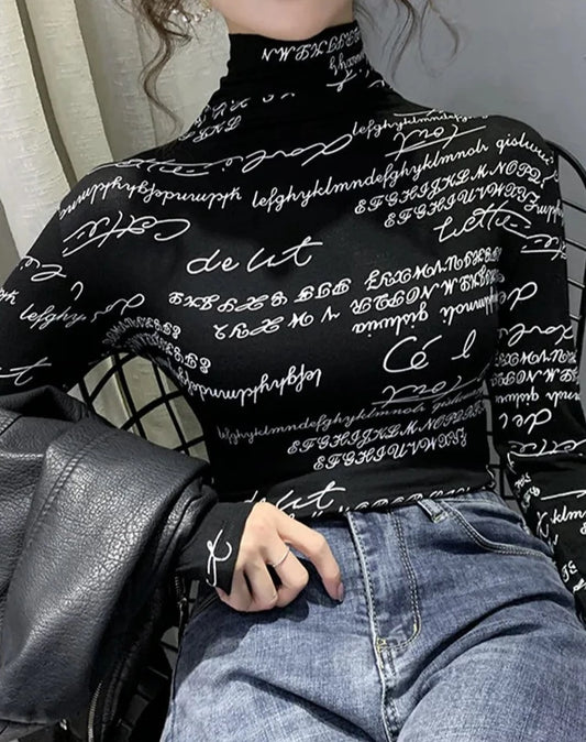 Vintage Letters Print turtle neck Top