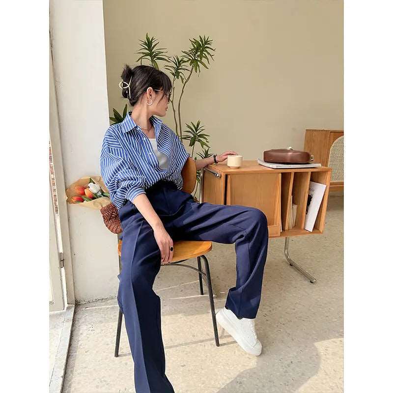 Blue Striped Chiffon Blouse Shirt for Women