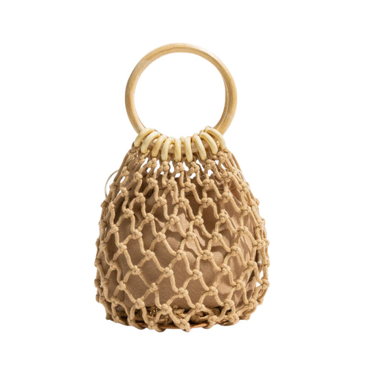 Rope Net Brown wooden handle Beach Handbag