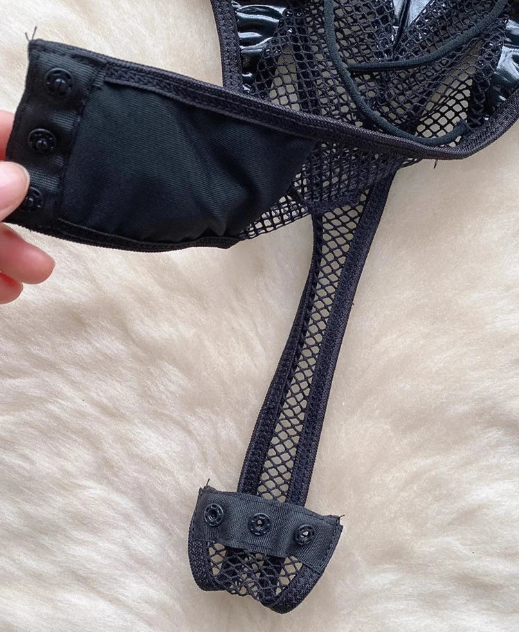 Lace-up PU Hollow One Piece Faux Leather body lingerie