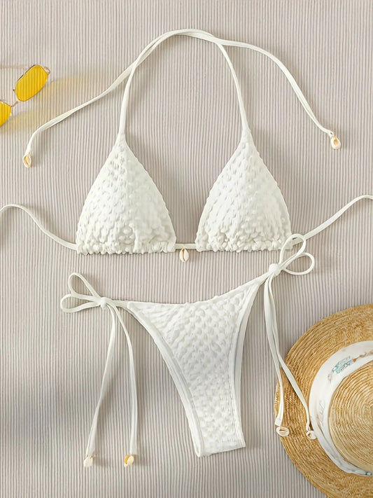 White Shell String Halter Triangle Bikini Set