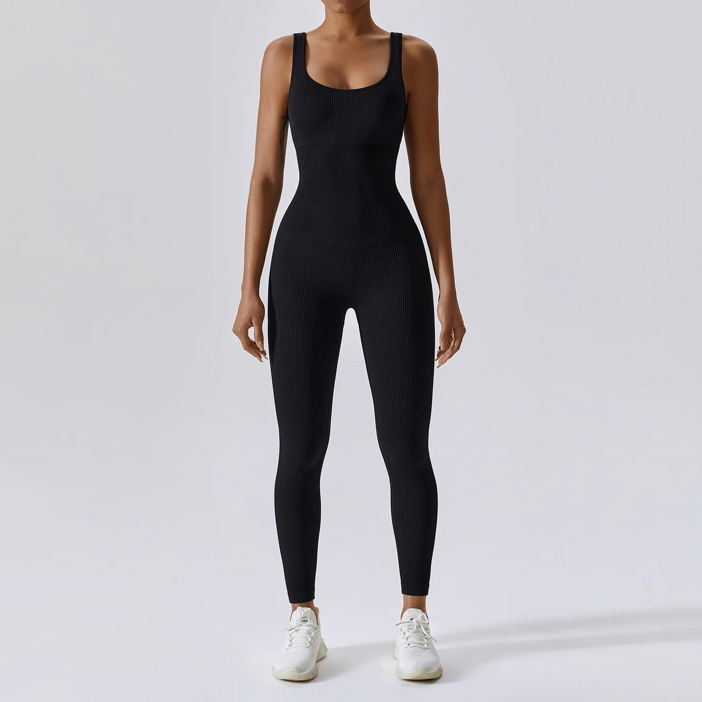 Seamless One Piece Ribbed Workout yoga bodysuit black