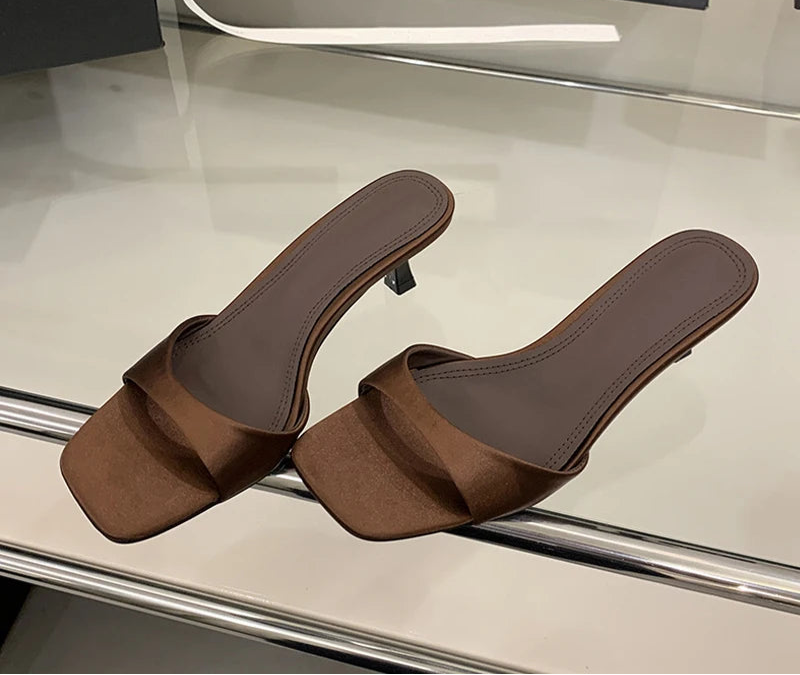 Satin Thin Low Heels Square Toe Mule Sandals