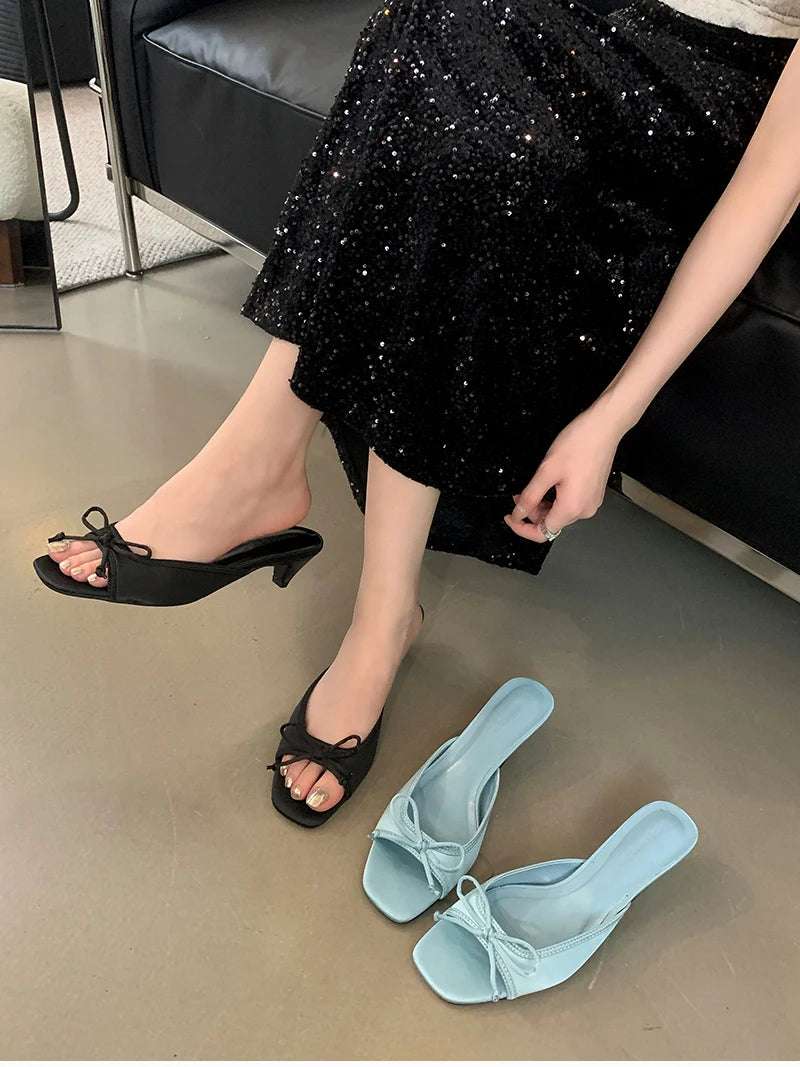 Butterfly-knot kitten heel Open Toe Mules Sandals