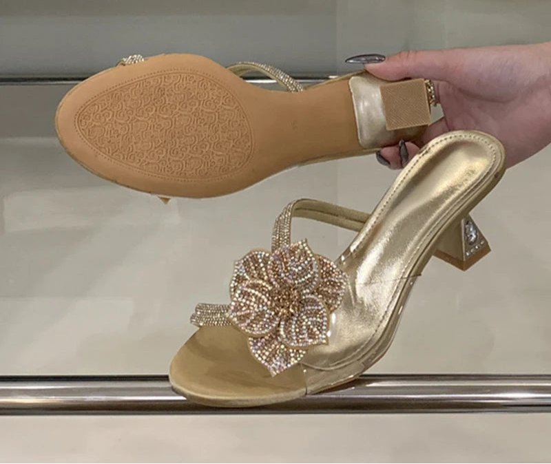 Fashion Rhinestone Flower high heel Sandals Gold