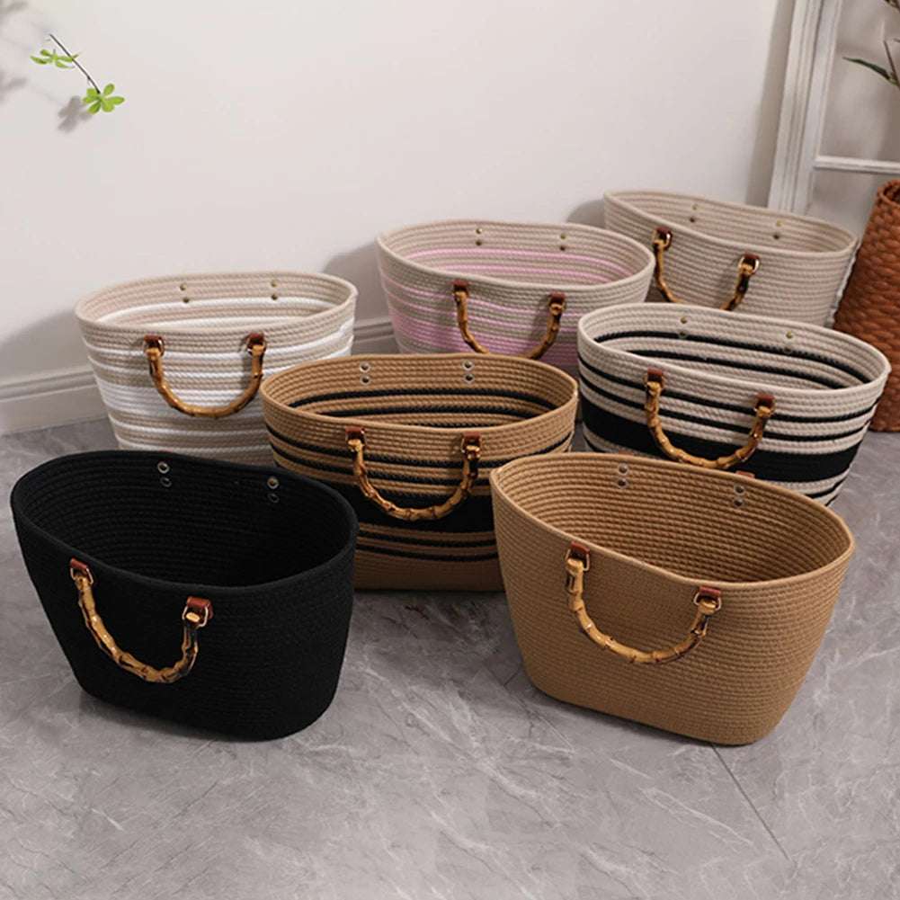Woven tote Summer Beach Bag with Bamboo style Handle