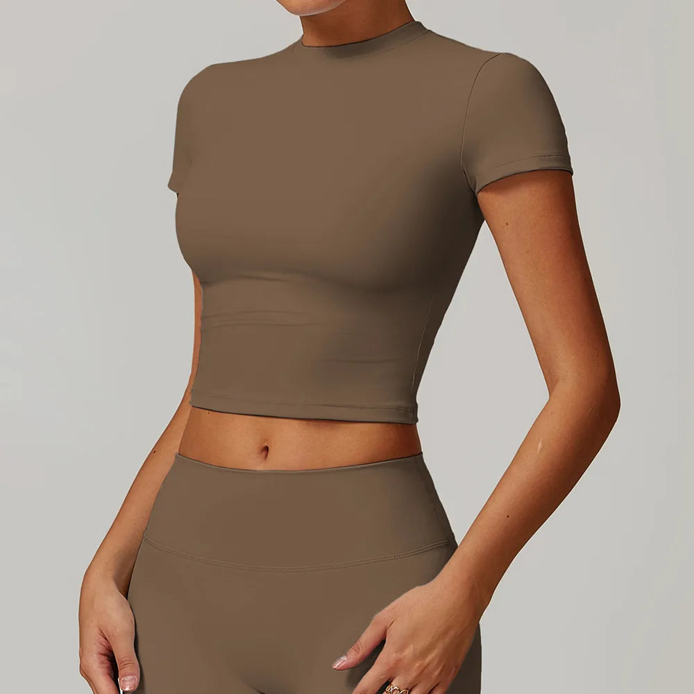 Short Sleeve round neck Yoga Gym Top Mocha brown