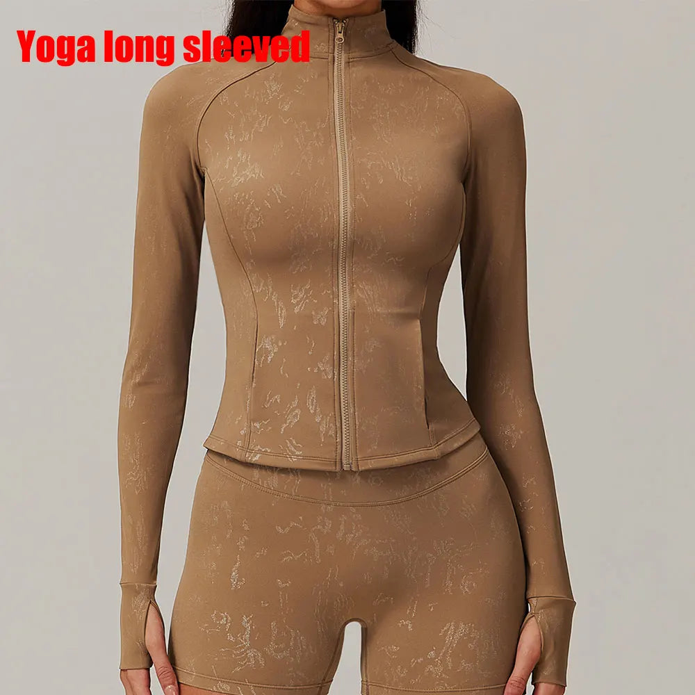 Zipper Long Sleeve Gym Workout Quick Dry Fitness Jacket Mocha Brown