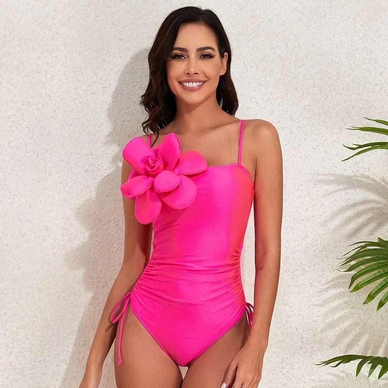 3D Flower drawstring One Piece Swimsuit Rose