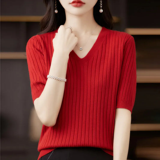 Women Short Sleeve V-neck Stripe Knitwear top