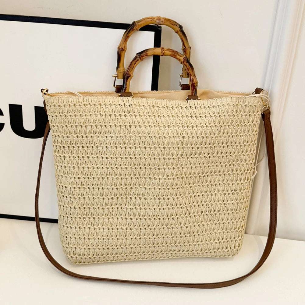 Straw Woven handbag with Bamboo style Handle