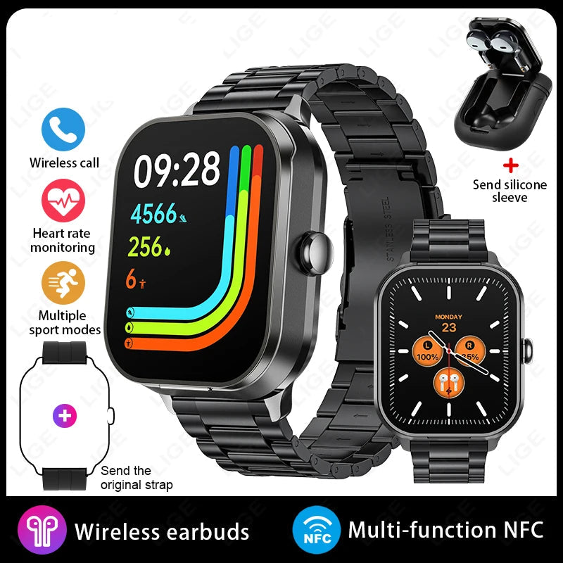 2.01 inch TWS 2-in-1 Earphones Bluetooth Call NFC Heart Rate Blood Pressure Health Monitor Music Smartwatch steel black
