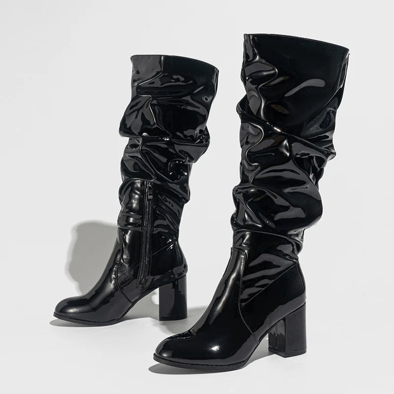 New Fashion Round Toe Motorcycle Knee High Boots Black