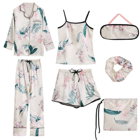 Women's 7 Piece Satin Pyjama Set