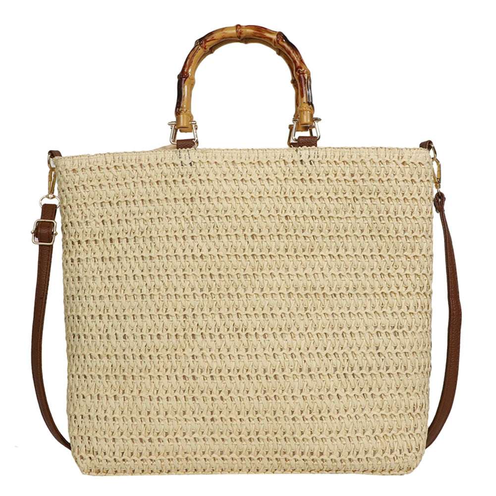 Straw Woven handbag with Bamboo style Handle