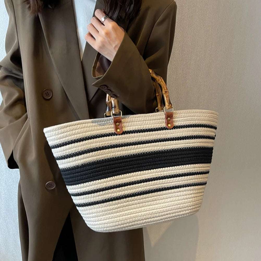 Woven tote Summer Beach Bag with Bamboo style Handle